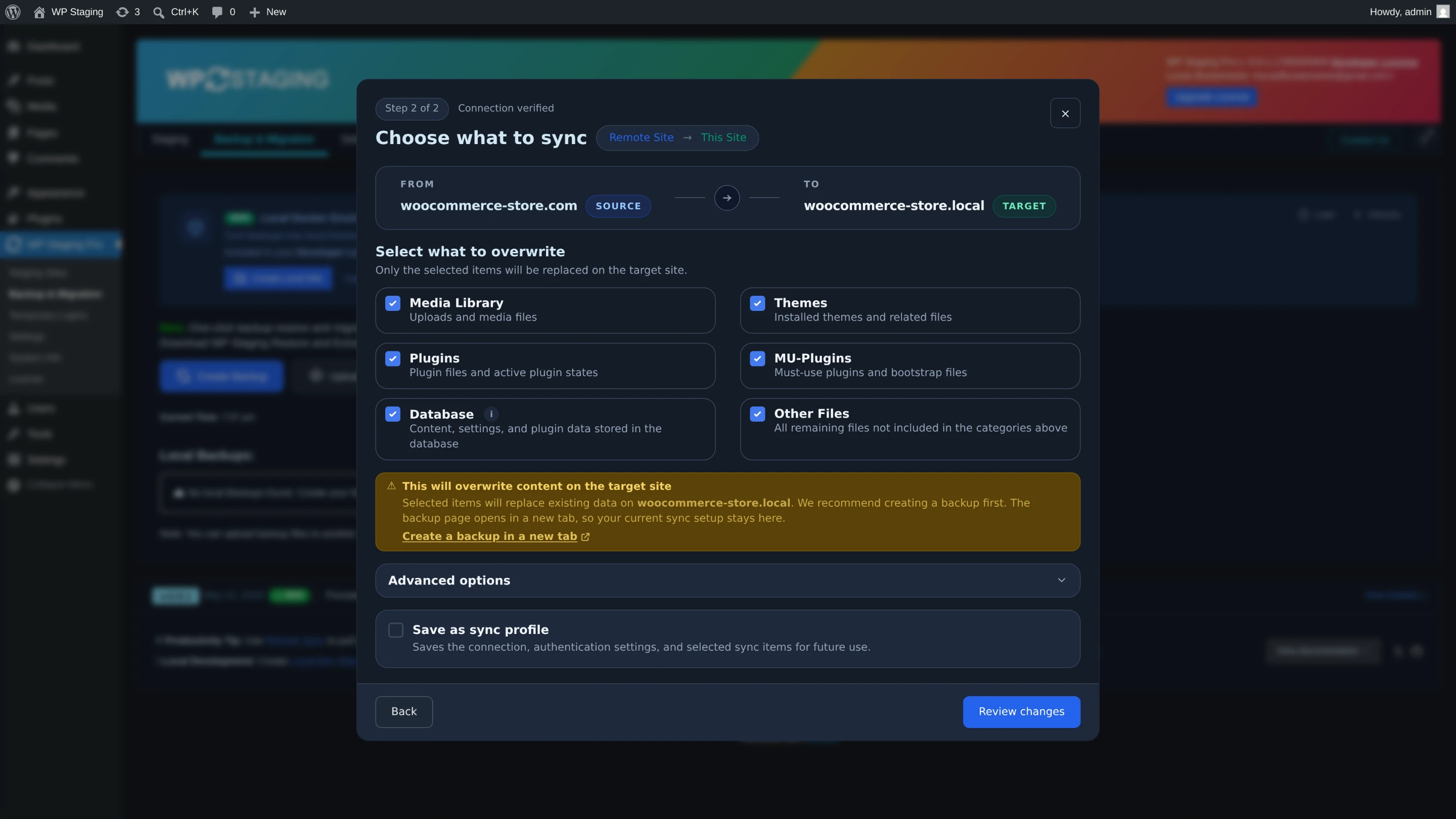 Choose what to sync dialog: pulling media library, themes, plugins, and database from woocommerce-store.com into woocommerce-store.local, with a warning that content on the target site will be overwritten