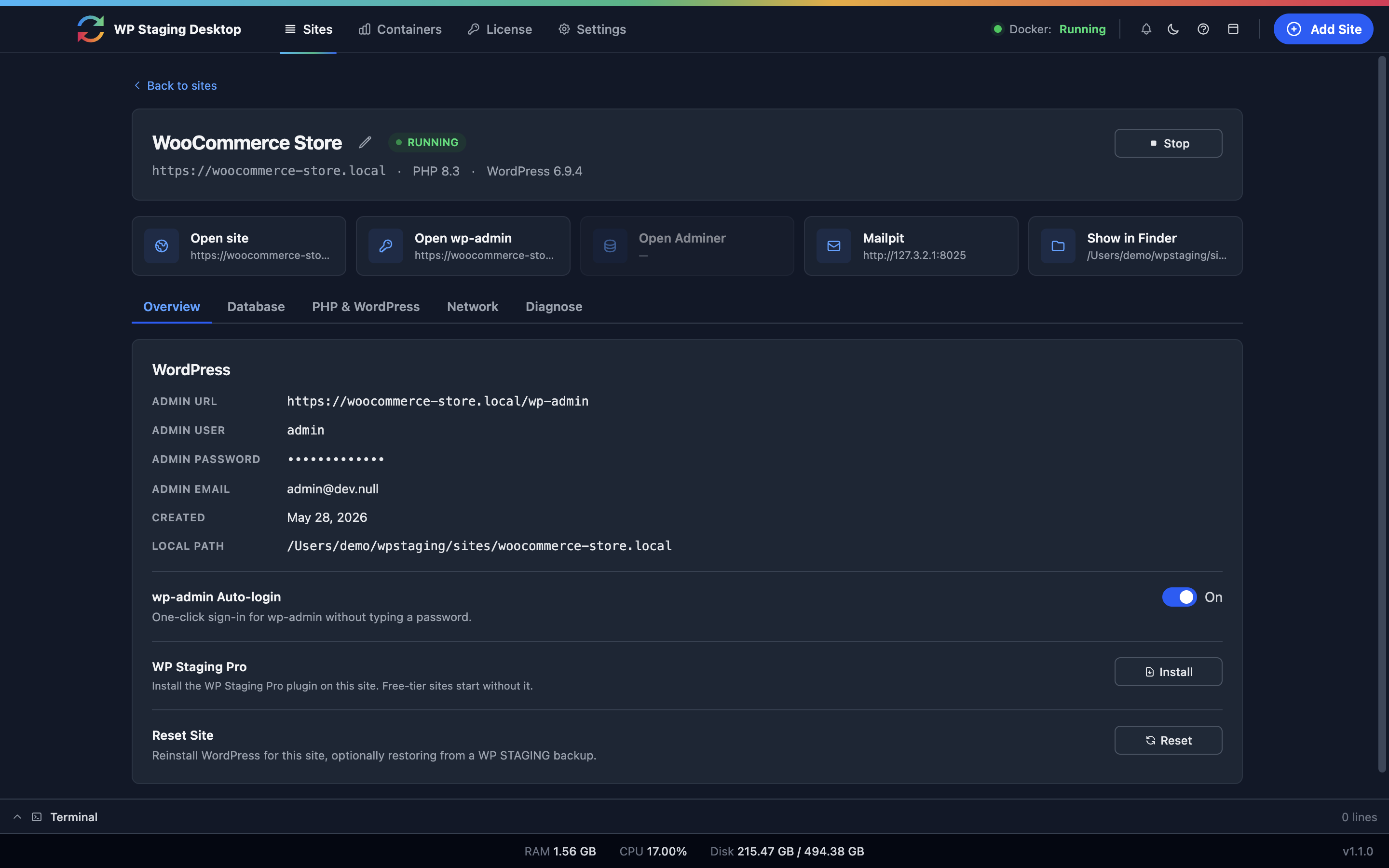 Restored local site running in WP Staging Desktop: WooCommerce Store at woocommerce-store.local with admin URL, one-click wp-admin auto-login, and Open site and Open wp-admin actions