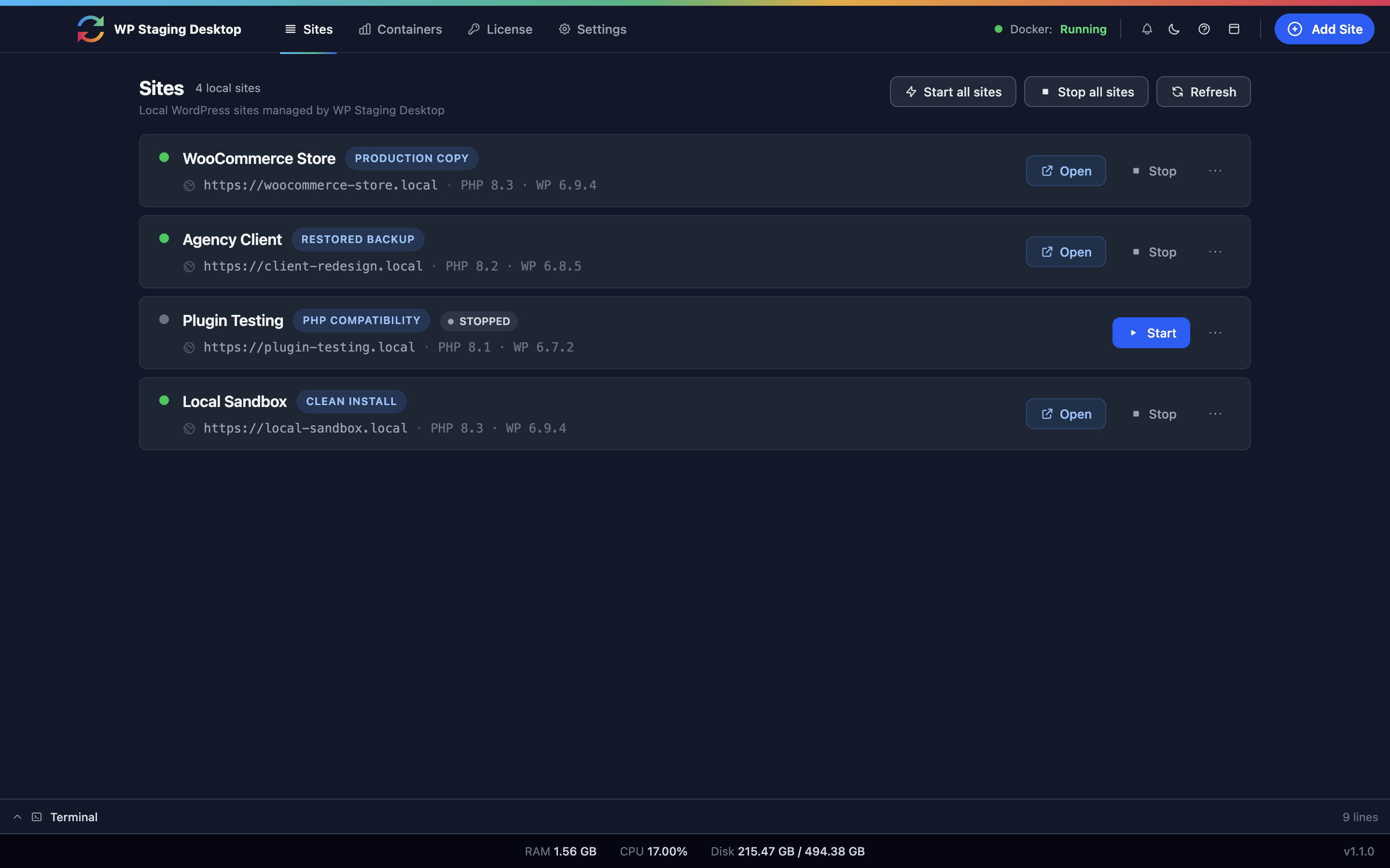 WP Staging Desktop sites list with local WordPress sites labelled Production Copy, Restored Backup, PHP Compatibility, and Clean Install