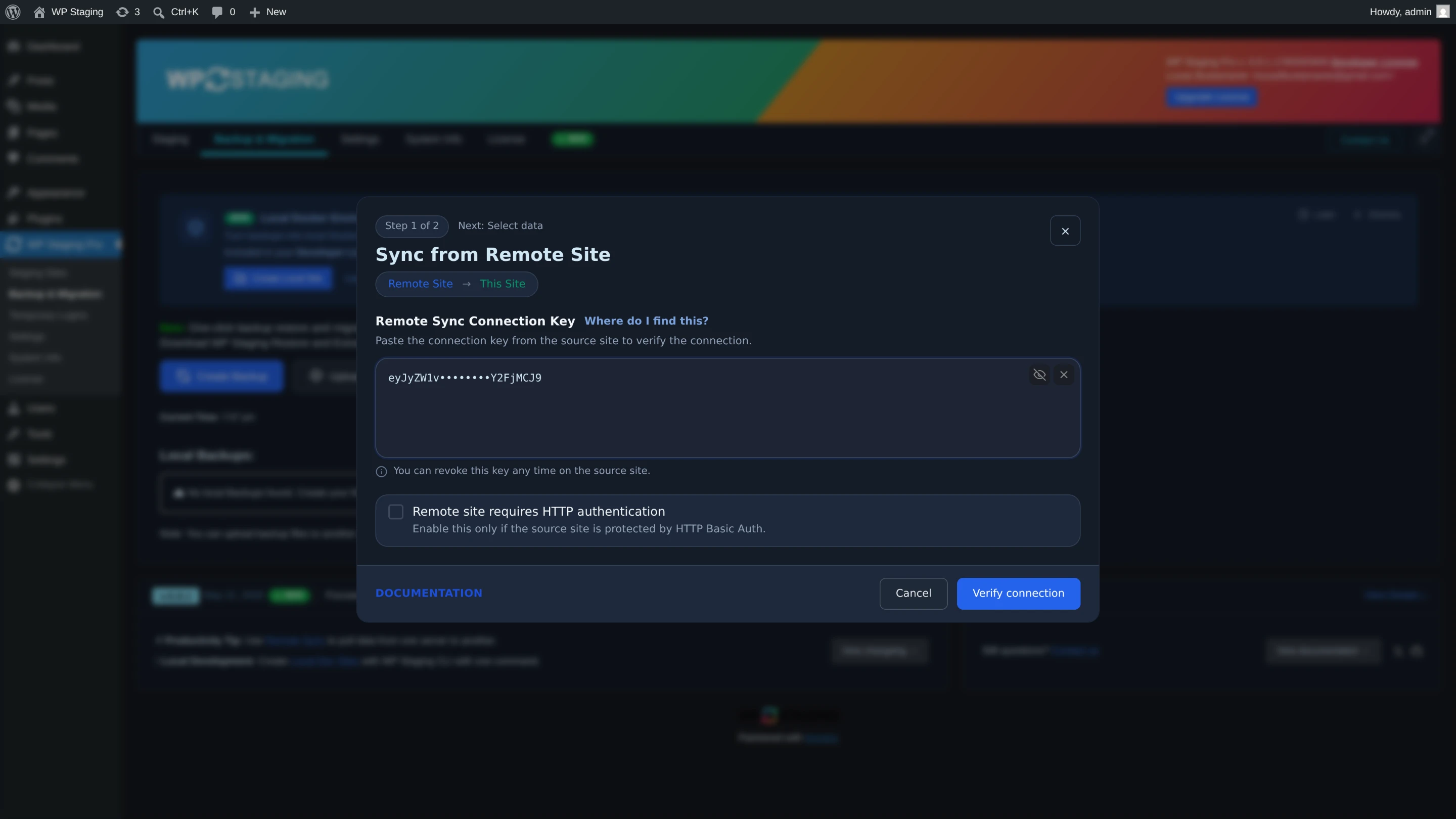 Sync from Remote Site dialog in the WP Staging Pro plugin: paste the connection key from the source site and verify the connection