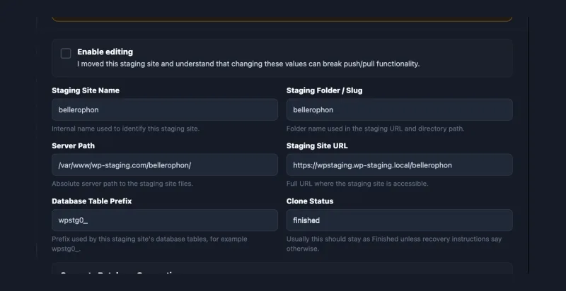 Editing the stored data of a staging site