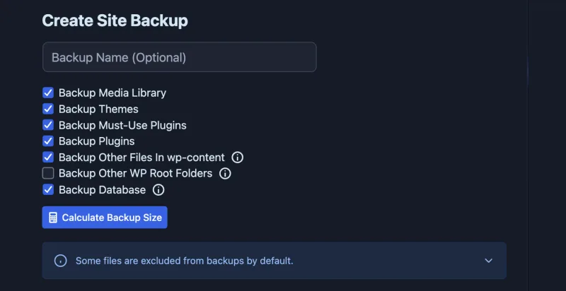 Full site backup selection