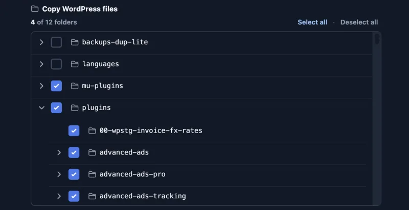 Selecting files and folders to push