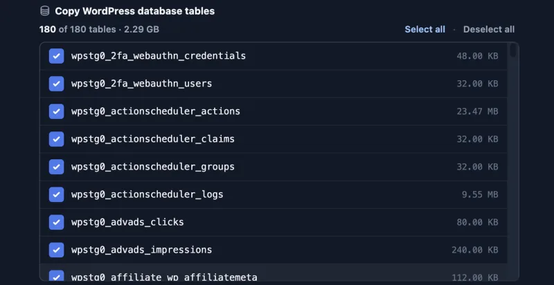 Selecting database tables to push