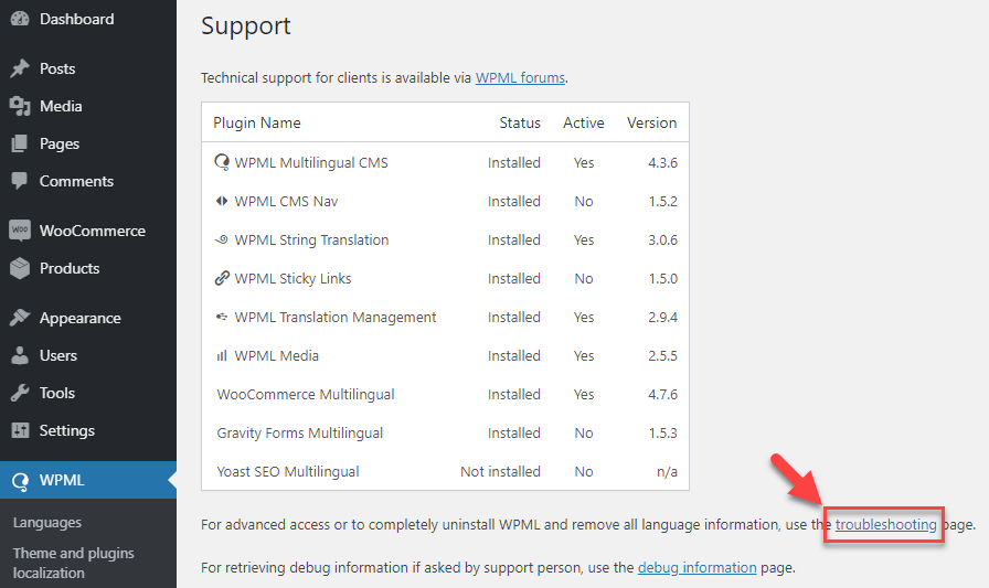 How to access the WPML troubleshooting options