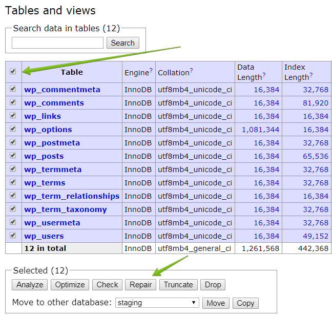 Select all database tables to repair