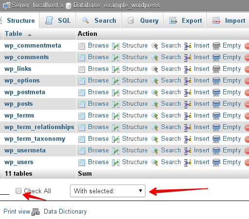 Repair and optimize mysql database tables with phpmyadmin