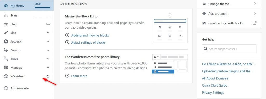 Click on WP Admin on WordPress.com blog