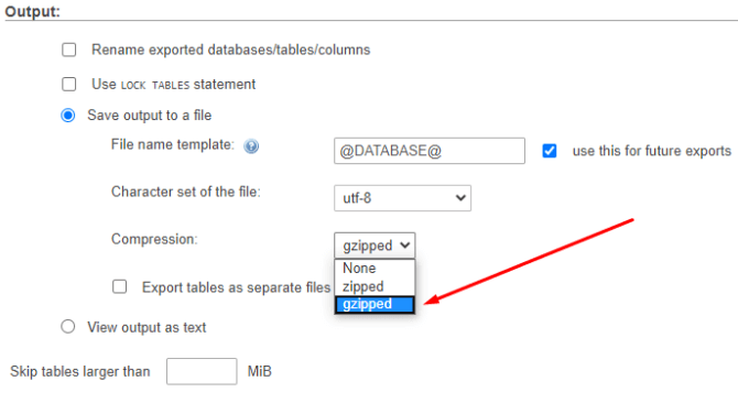 Select the zip compression format for the sql file