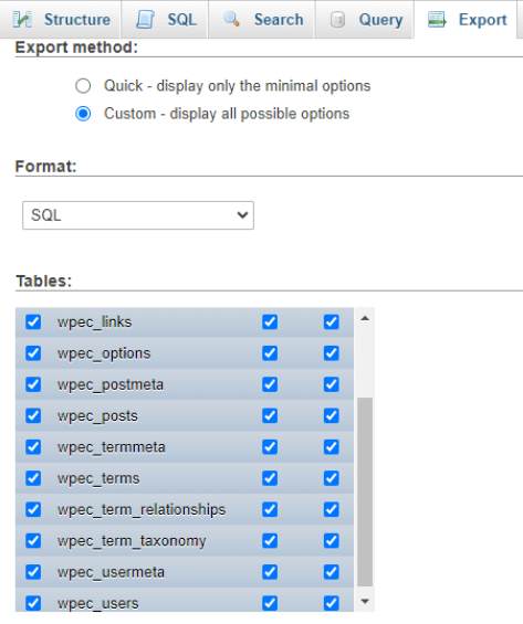 Select all database tables to export and download