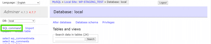 This picture shows a screenshot of where to find the SQL command button on Adminer