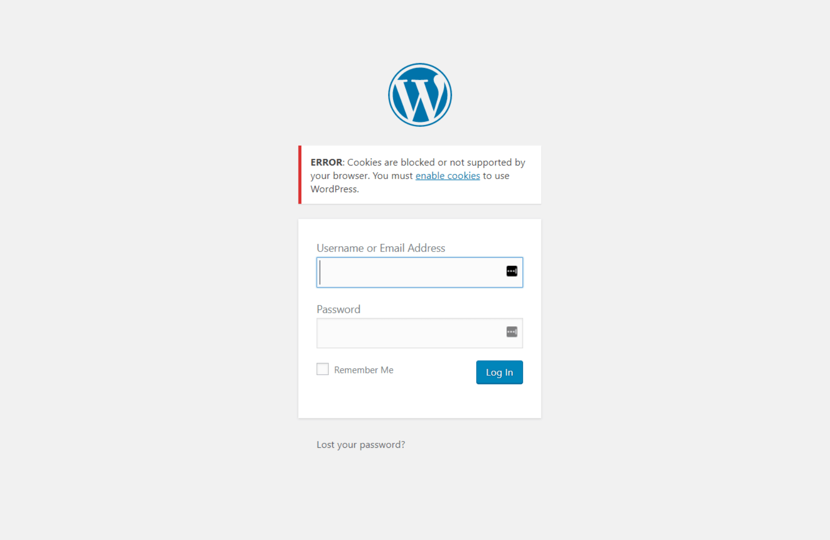 Error message: Cookies are blocked or not supported by your browser. You must enable cookies to use WordPress