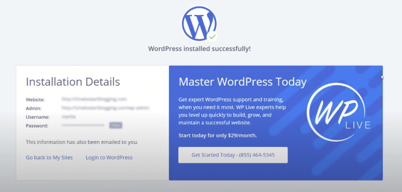 Picture: bluehost wordpress installed succesfully message