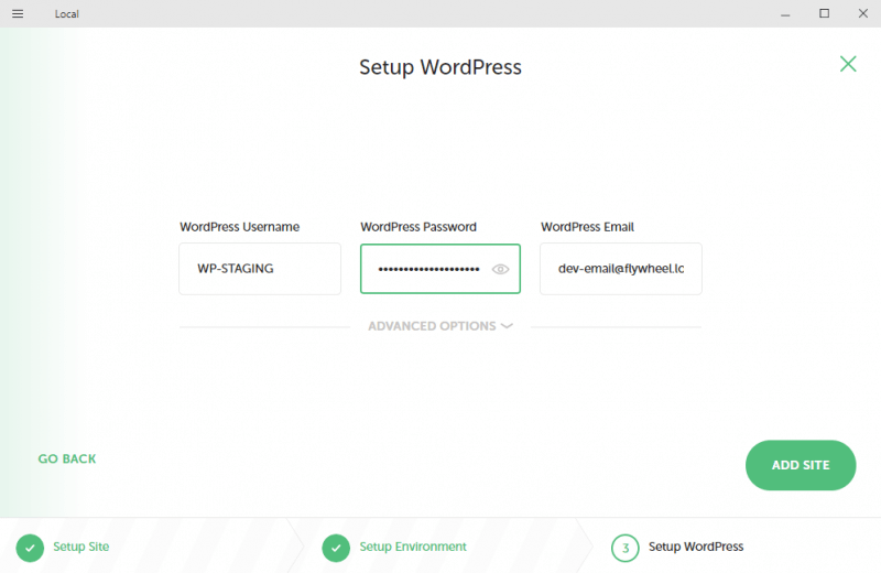 Picture: Setup your local WordPress admin credentials