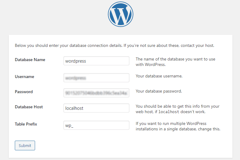 Picture: WordPress database connection details