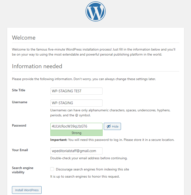 Picture: WordPress five-minute installation information needed