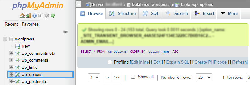 Picture: Here you can find the table wp_options on phpMyAdmin