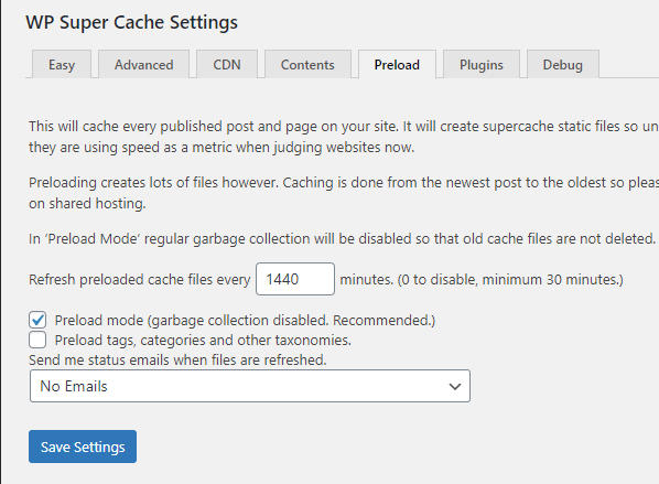 WP Super Cache Preloading Cache