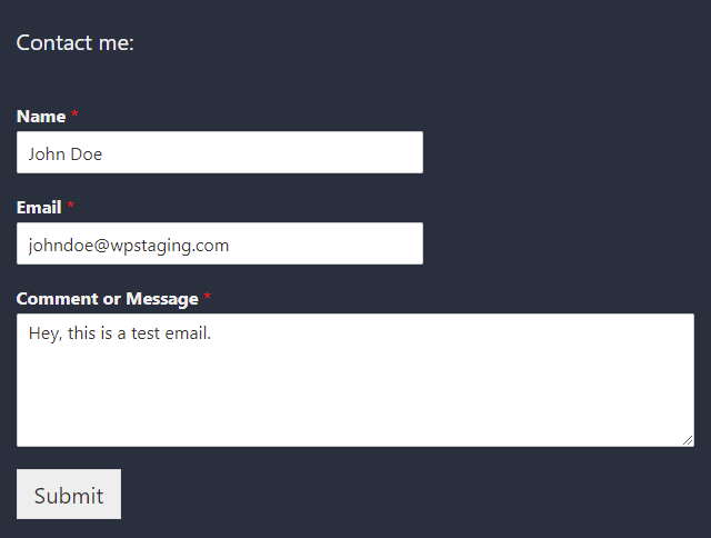 The filled out contact form