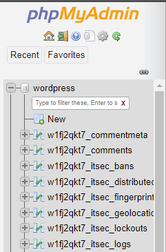 phpMyAdmin: New database table prefix