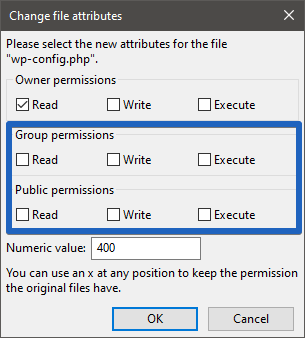 Filezilla: File Permissions "wp-config.php"