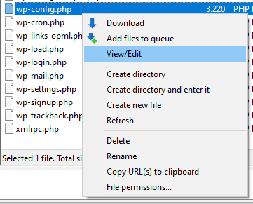 Filezilla: "wp-config.php" View/Edit