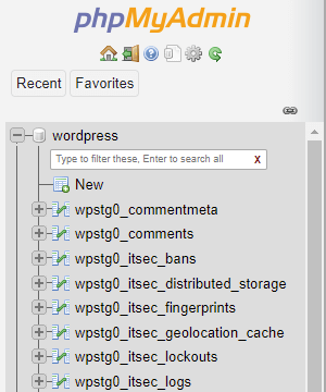 phpMyAdmin: Staging Site Tables