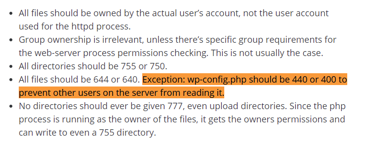WordPress.org: File Permission Suggestion "400" / "440"