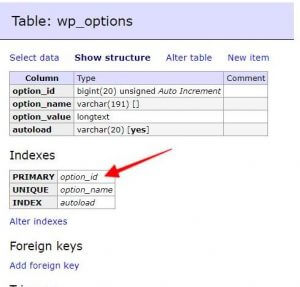 Find out if the primary key index is missing in WordPress database table wp_options. Image with index