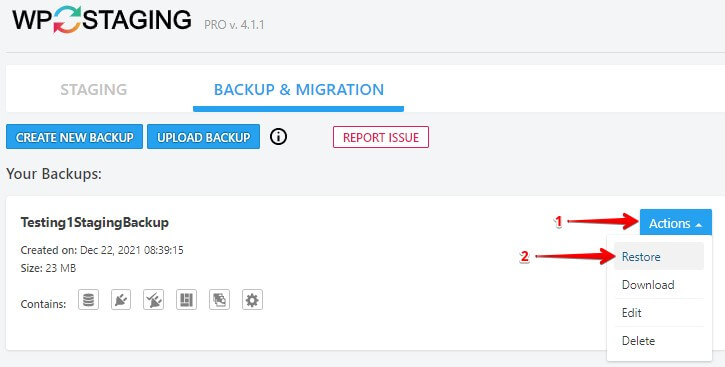 Restore the backup file to the single site
