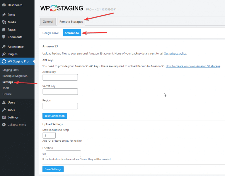 How to Backup site to Amazon S3 Bucket. Create Amazon S3 API