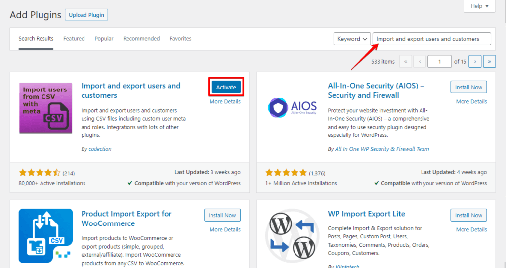Install and activate the User Import Export for WordPress plugin