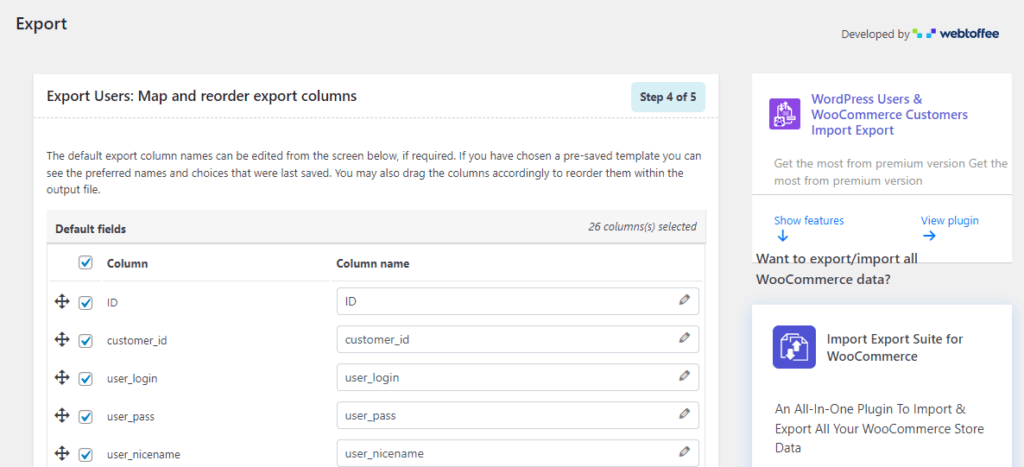 Map and recorder export colums