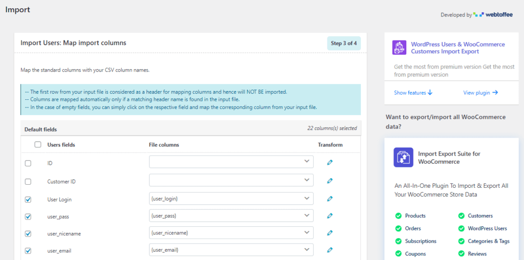 Map Import columns