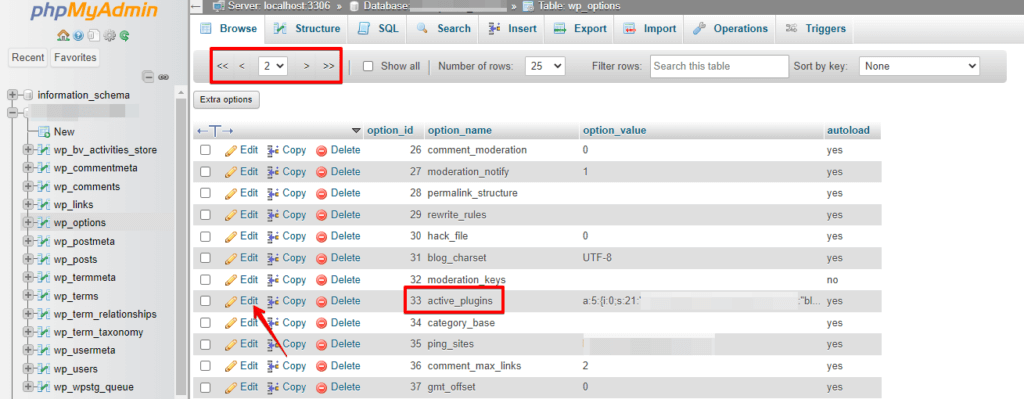 Click on the active_plugins and Edit Button, Disable WordPress Plugin from Database