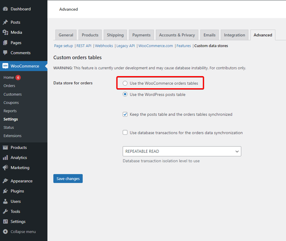 Activate the option Use the WooCommerce orders tables