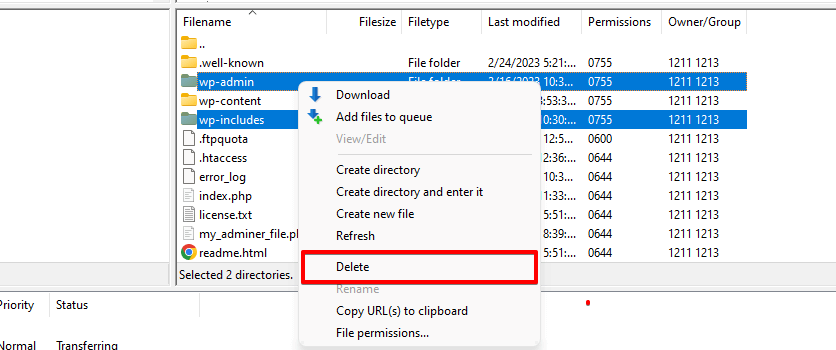 Delete Wp-admin And Wp-includes File Using FileZilla
