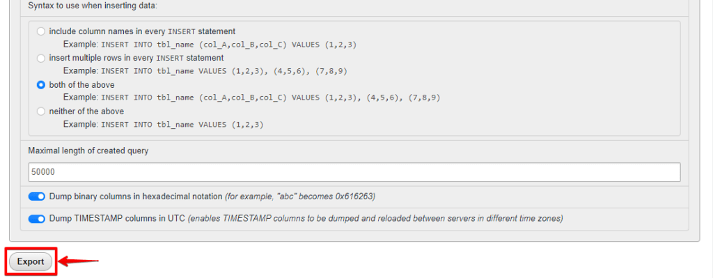 Click on Export to backup WooCommerce database tables