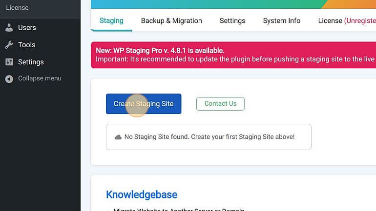 Click on Create Staging Site