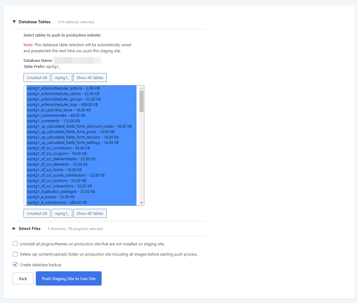 Select tables to push