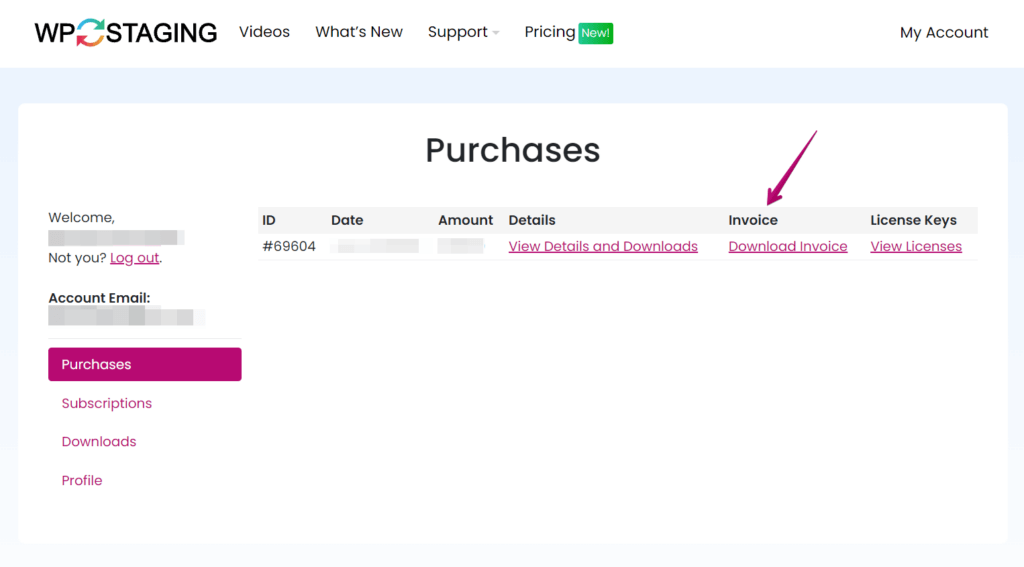 Download Invoice for WP STAGING purchase