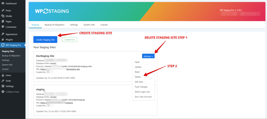 staging site create & delete