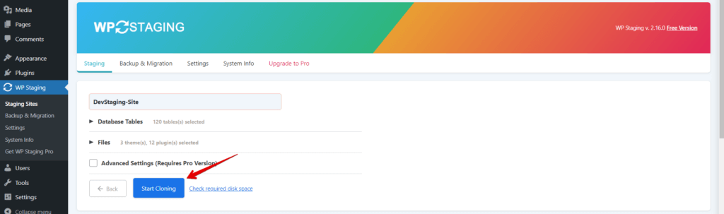 staging site start cloning