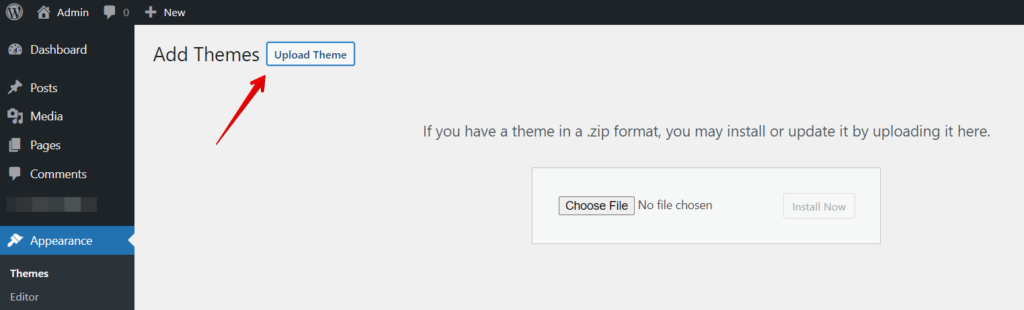 Wp >Themes > add new > upload theme