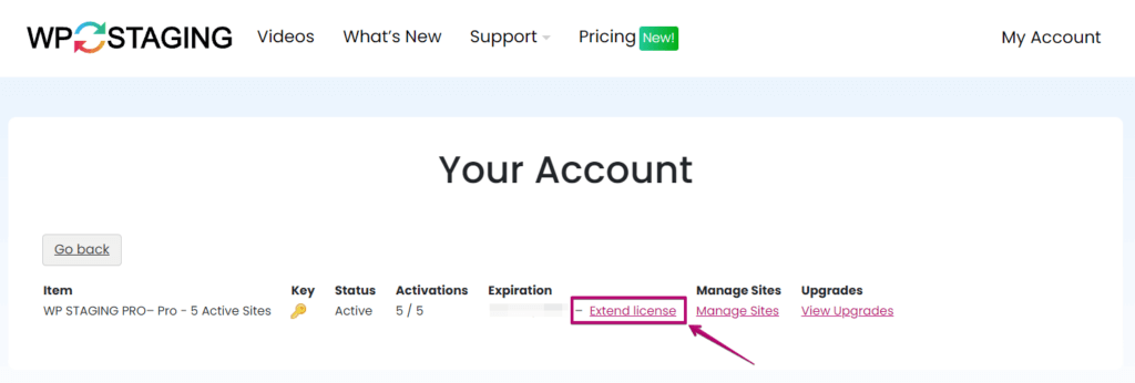 WP STAGING Renew Licensen Option