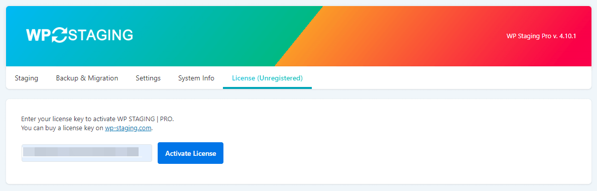 Add WP STAGING License key and actiate the pro version