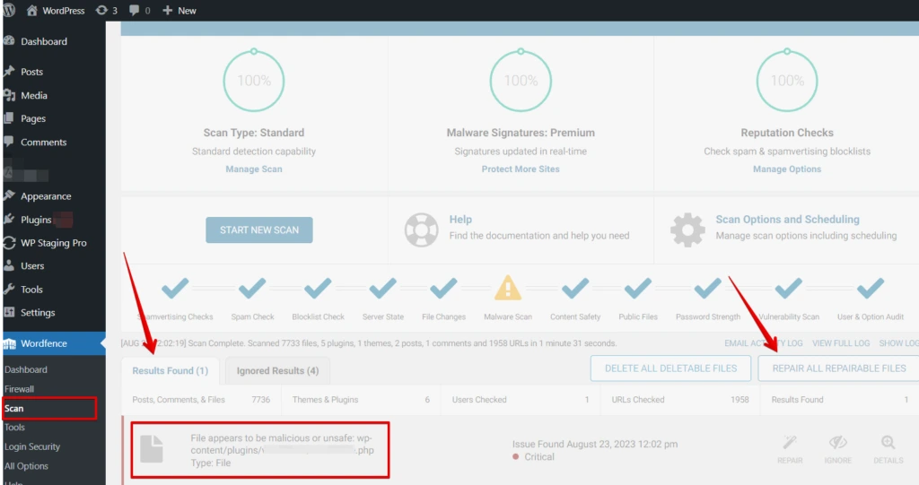 Wordfence plugin repair virus file