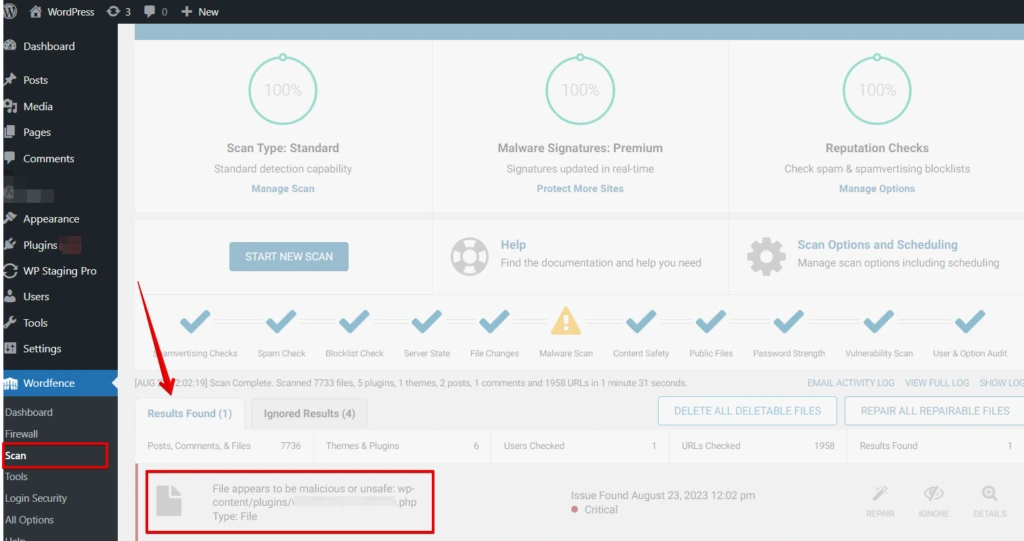 Wordfence plugin found virus file