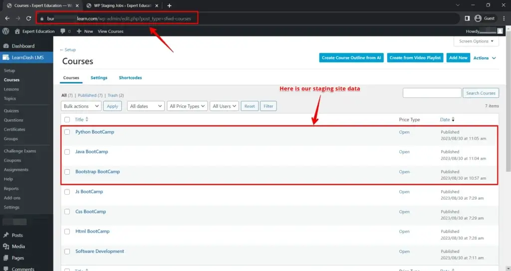 push learndash staging site to production