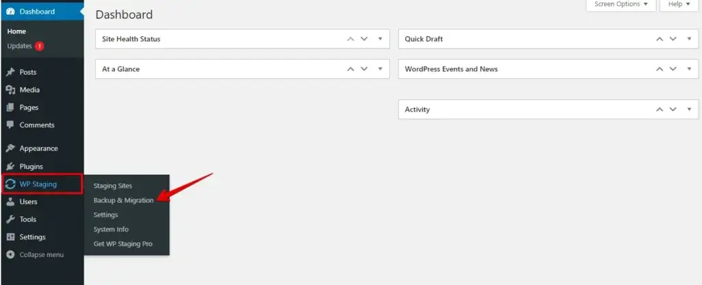 Backup & Migration option in wp staging